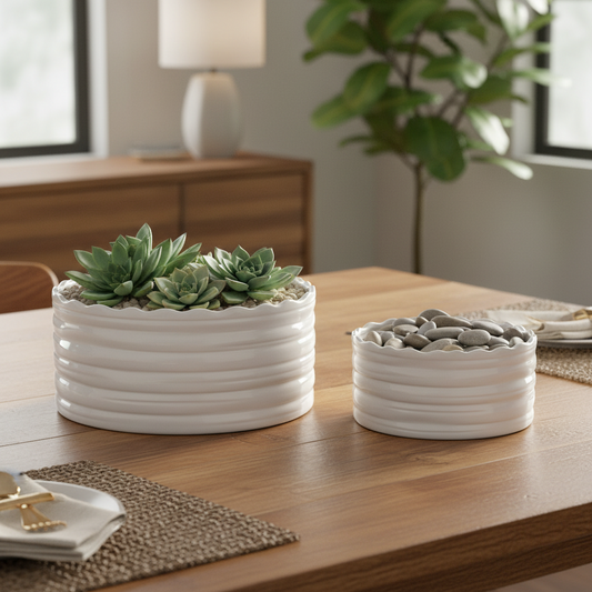 Alicia Ribbed Ceramic Wave-Rim Planters (Set of 2)