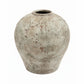 A rustic, textured ceramic vase with a rounded bulbous shape and a short, narrow neck, shown on a plain white background.