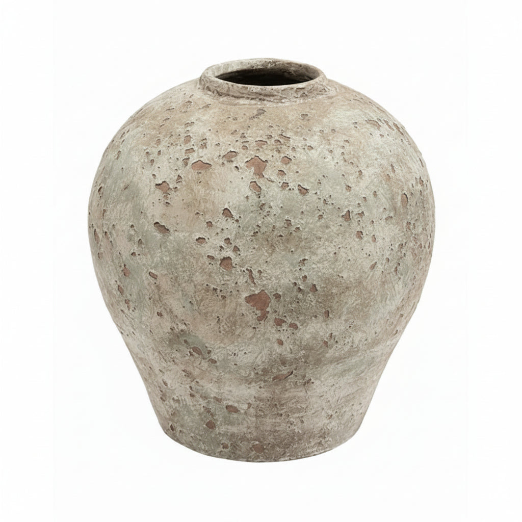 A rustic, textured ceramic vase with a rounded bulbous shape and a short, narrow neck, shown on a plain white background.