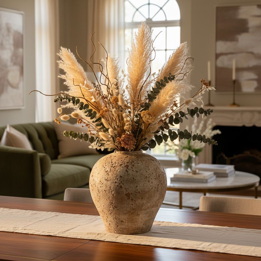 A rustic speckled beige ceramic vase filled with a dried floral arrangement of pampas grass, eucalyptus, and small brown botanicals, displayed on a wooden dining table in a softly lit living room.