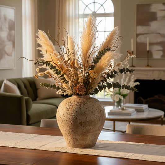 A rustic speckled beige ceramic vase filled with a dried floral arrangement of pampas grass, eucalyptus, and small brown botanicals, displayed on a wooden dining table in a softly lit living room.