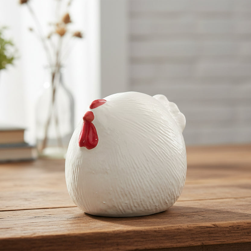 Giulia Ceramic Round Hen Figurine with Red Accents