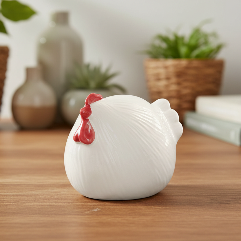 Giulia Ceramic Round Hen Figurine with Red Accents