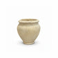 A small beige ceramic planter pot with a ribbed texture and flared rim, shown on a plain white background.
