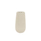 A small textured ceramic vase in a light beige or cream color, standing upright against a solid white background.