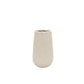 A small textured ceramic vase in a light beige or off-white color, standing upright against a plain white background.