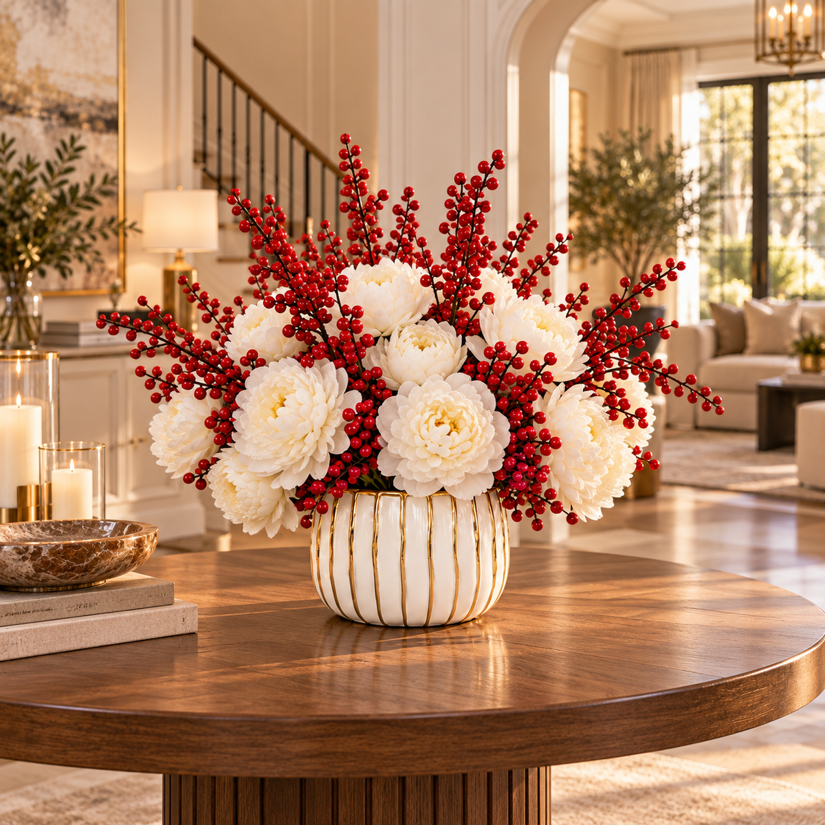 A floral arrangement of white peonies and red berries in a ribbed cream ceramic vase, displayed on a round wooden table in a bright, upscale living room.