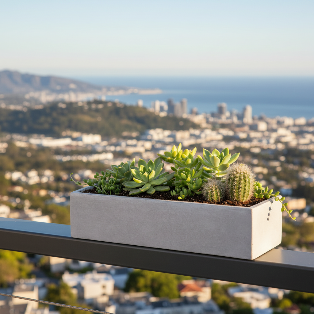 A rectangular concrete planter box filled with green succulents and a small cactus, placed on a dark metal balcony railing with a blurred coastal city and ocean background.