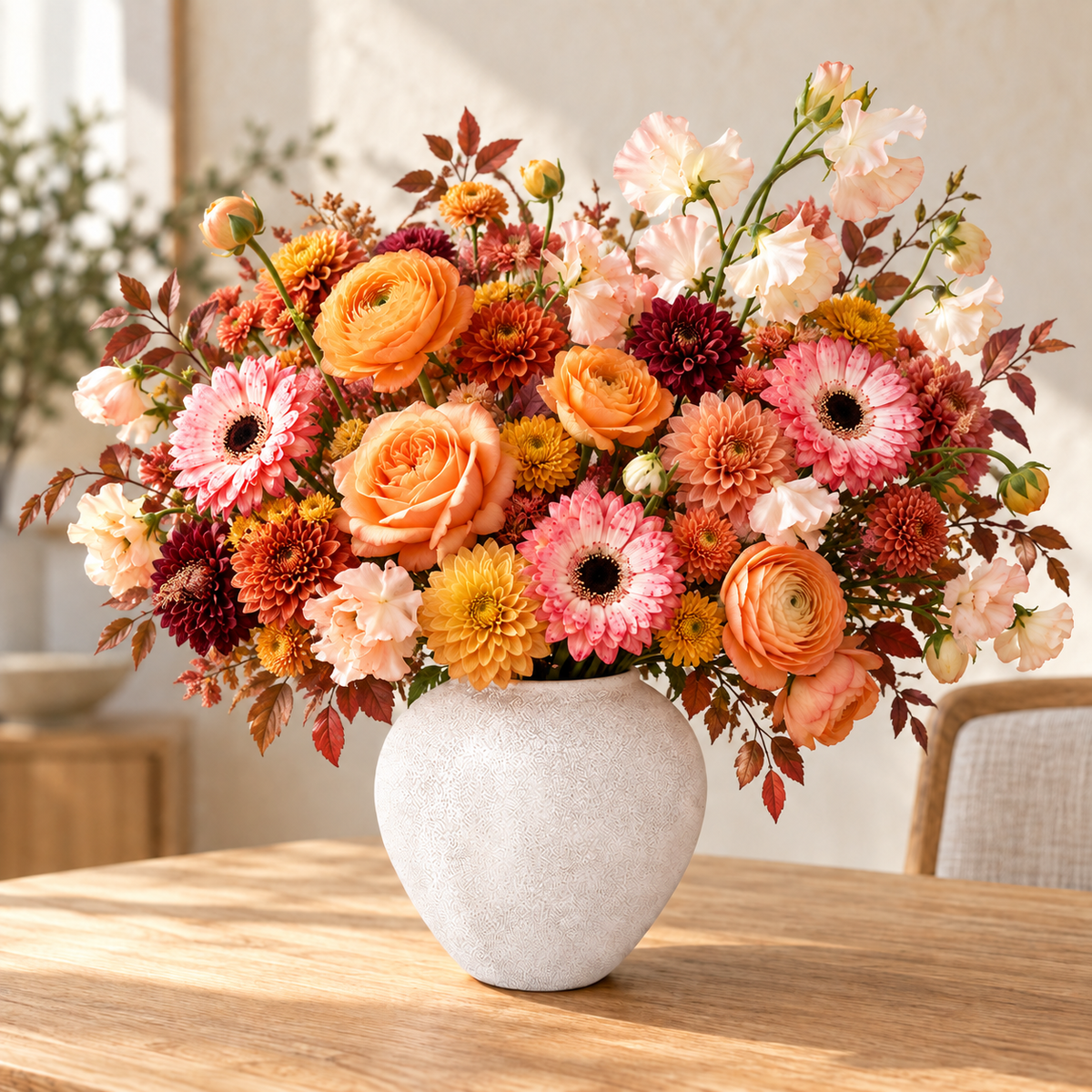 A vibrant autumnal flower bouquet in a textured light gray ceramic vase, set on a wooden table in a softly lit room.