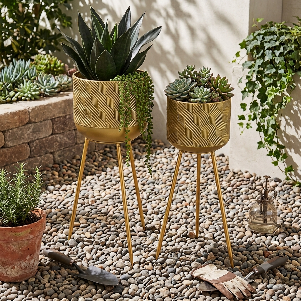Lola Metal Planter Set with Tripod Stand (Set of 2)