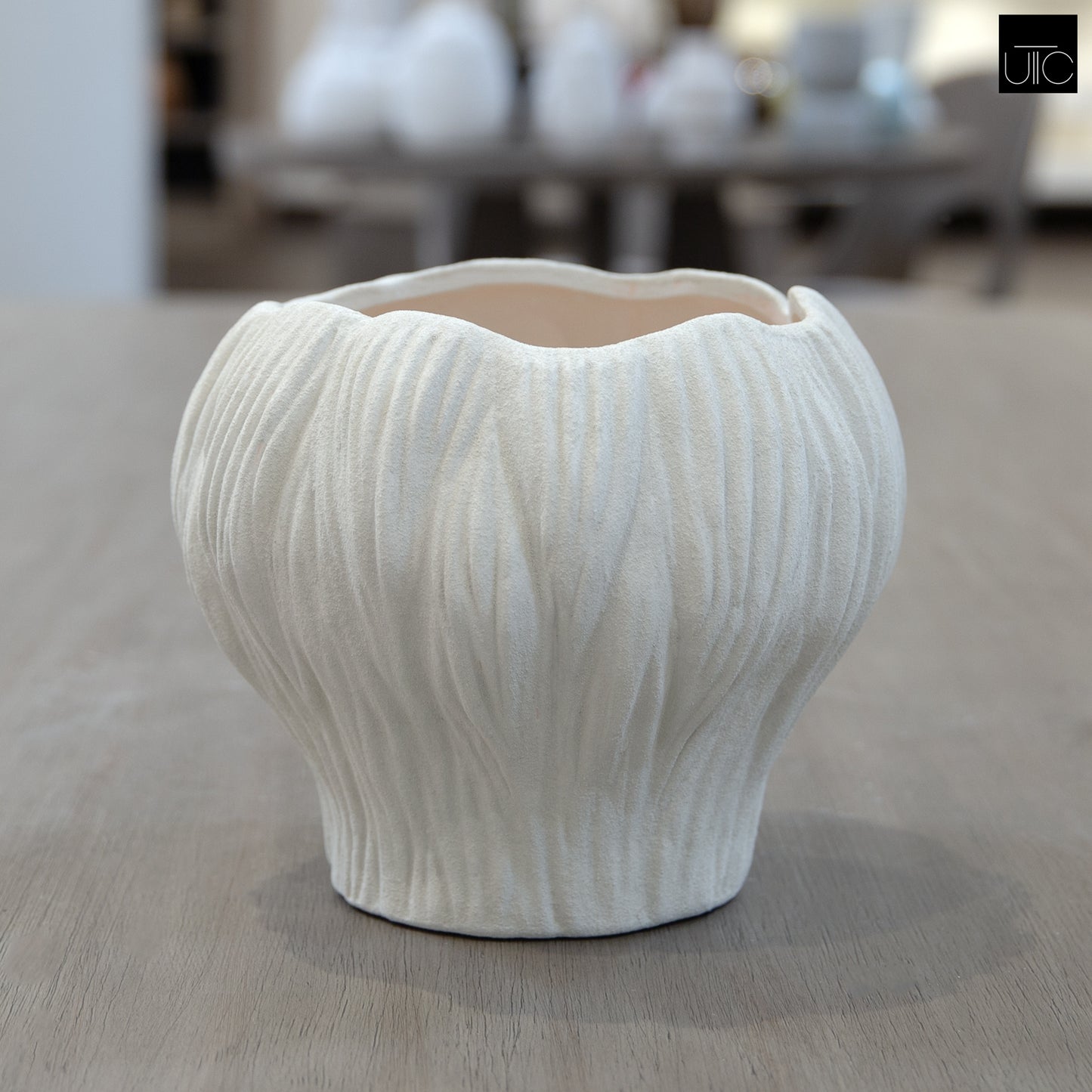 Aliona Bulbous Clay Planter with Wavy Rim & Vertical Ridges