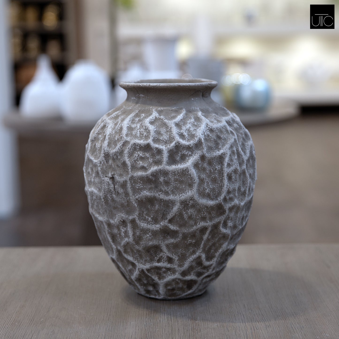 Yeva Ovoid Cement Vase with Diamond-Lattice Texture