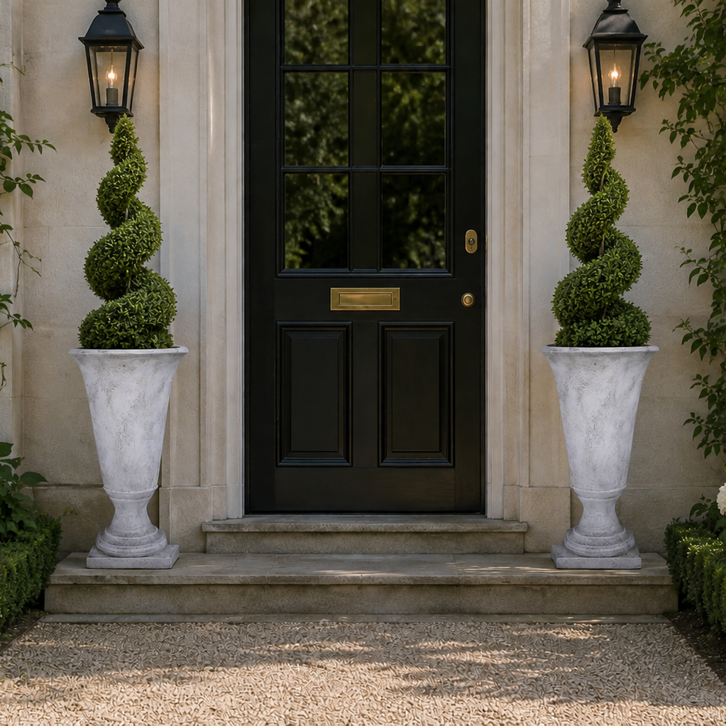 A symmetrical garden entrance with a black front door, two large white urn planters holding sculpted green topiary trees, and climbing vines on a beige stucco wall.