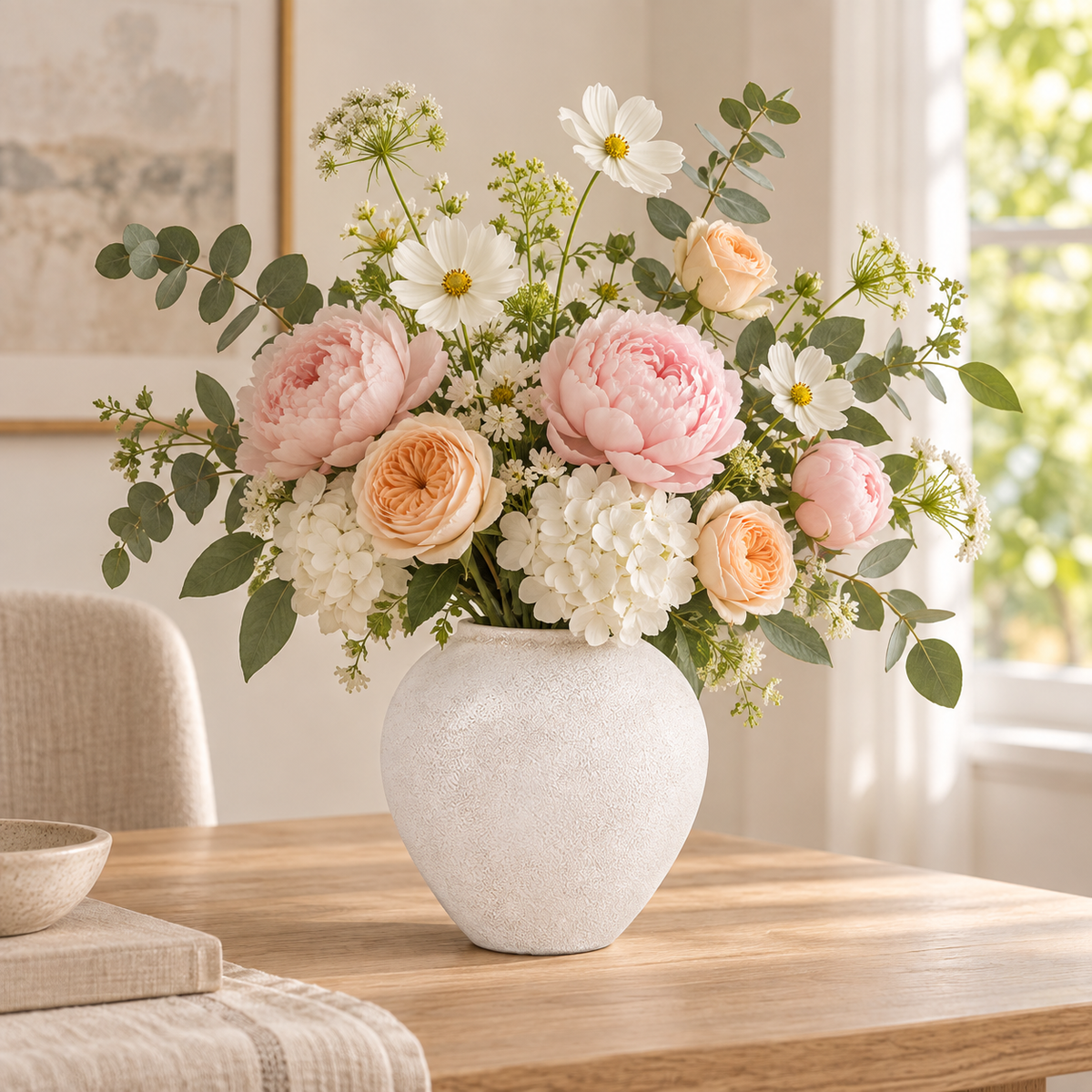 A large floral arrangement in a textured white ceramic vase, featuring pink and peach peonies, white daisies, and green foliage, displayed on a wooden table in a bright, modern room.