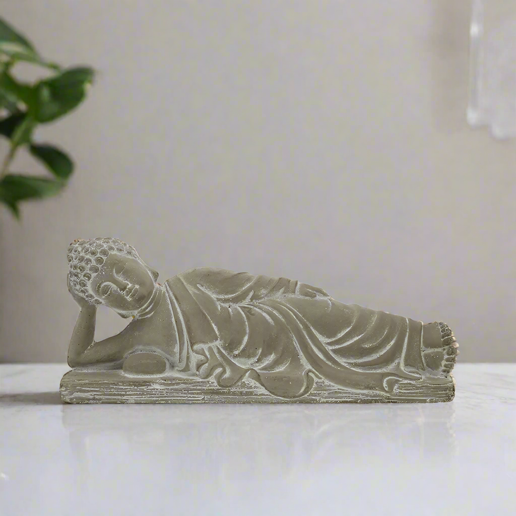 Jamarni Cement Side Lying Buddha Figurine with Hand on Head