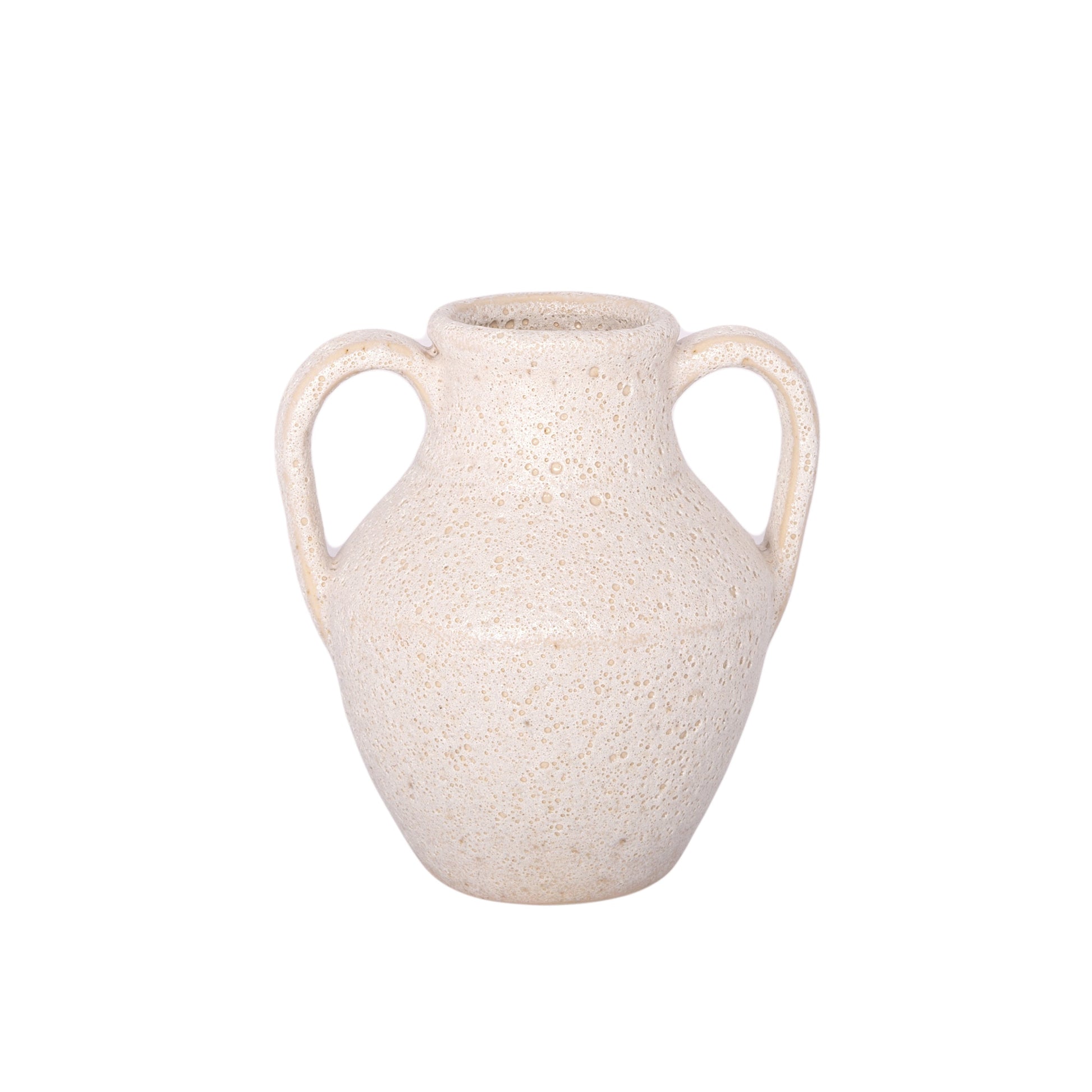 White textured vase with two handles on a white background