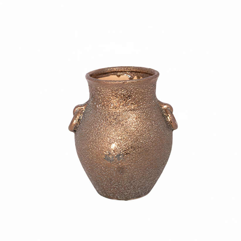 Bronze-colored decorative vase with a textured surface on a white background