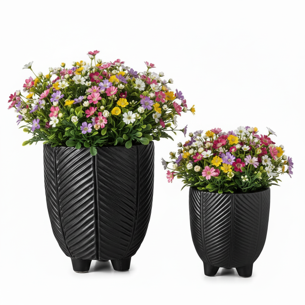 Kavrine Ceramic Round Pot with Embossed Chevron Stripe Design and Stand (Set of 2)