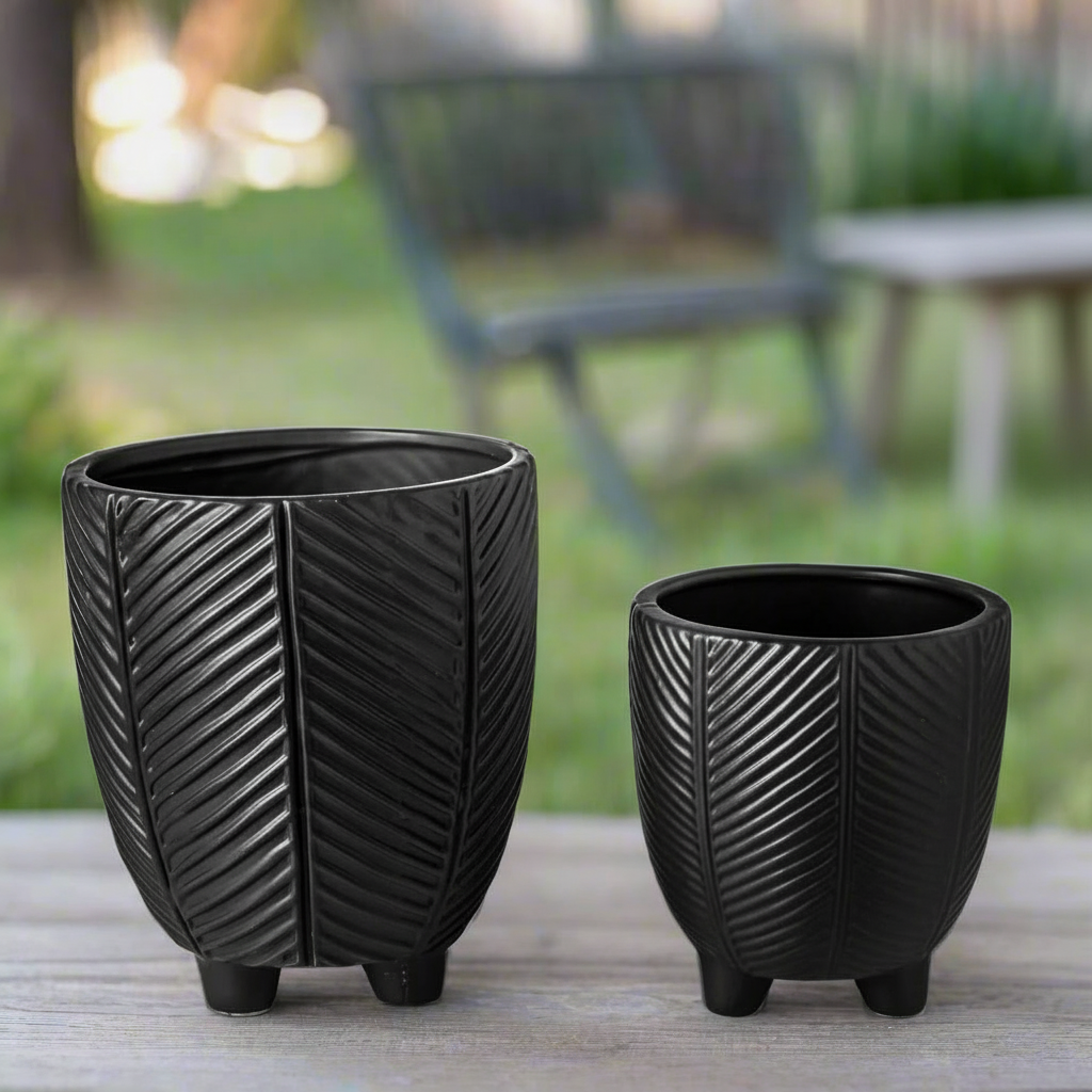Kavrine Ceramic Round Pot with Embossed Chevron Stripe Design and Stand (Set of 2)