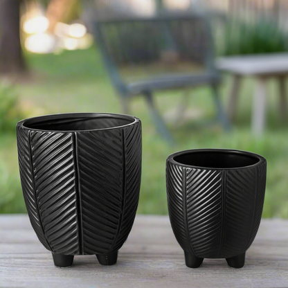 Kavrine Ceramic Round Pot with Embossed Chevron Stripe Design and Stand (Set of 2)