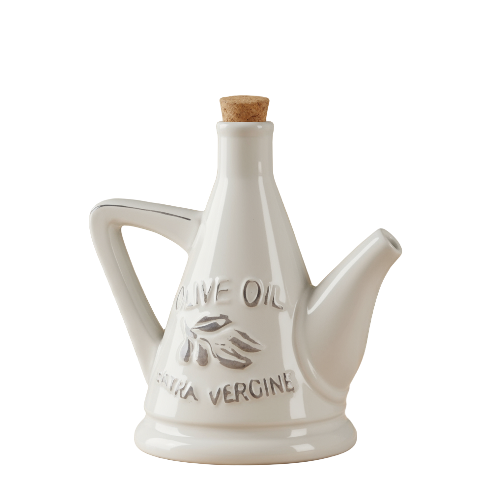 Jamaica Ceramic 24 oz. Olive Oil Pourer with Embossed Olives, Label, Cork Lid, and Handle