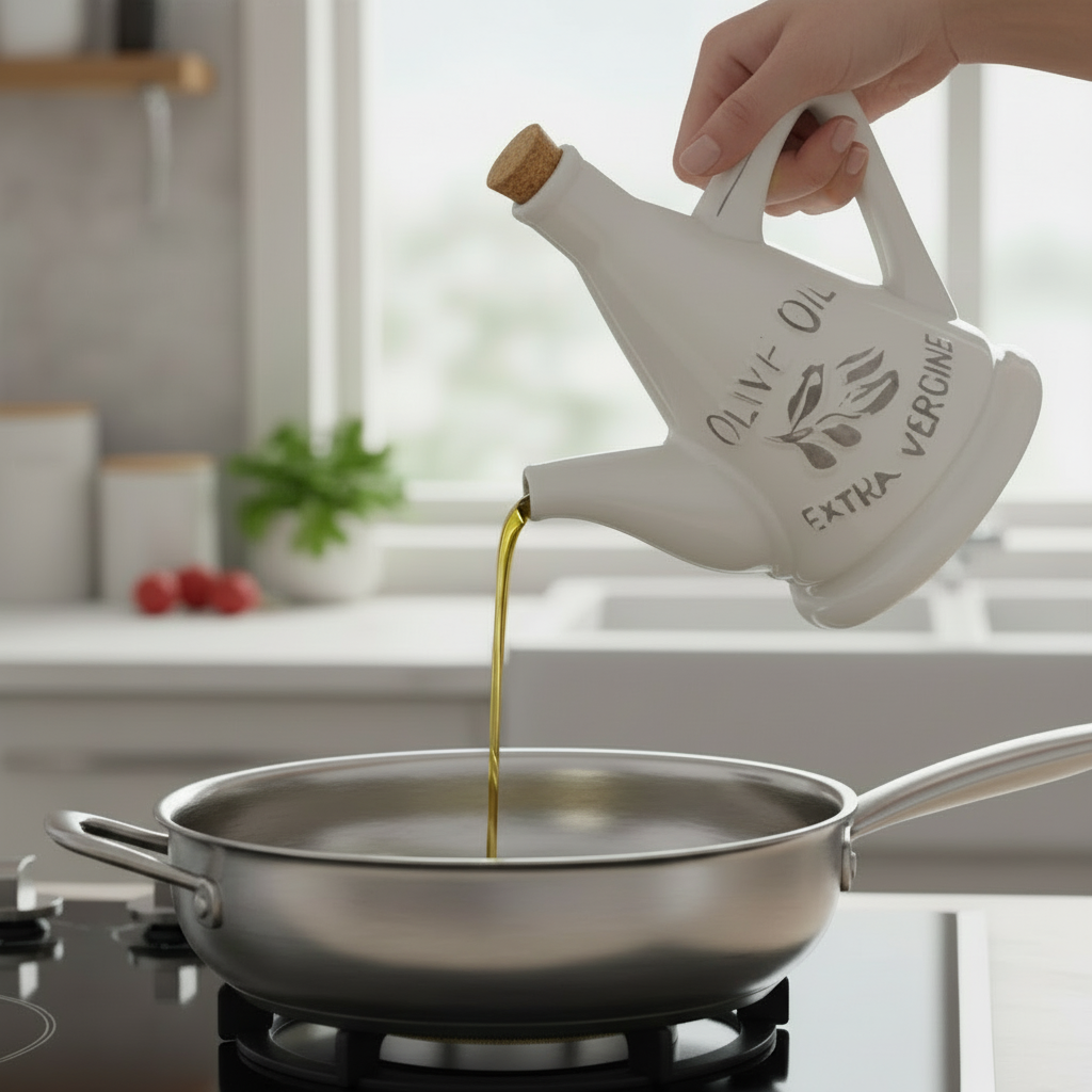 Jamaica Ceramic 24 oz. Olive Oil Pourer with Embossed Olives, Label, Cork Lid, and Handle
