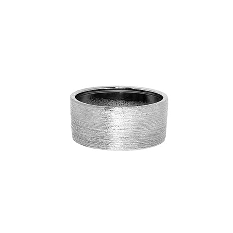 Silver ring with a textured band on a white background
