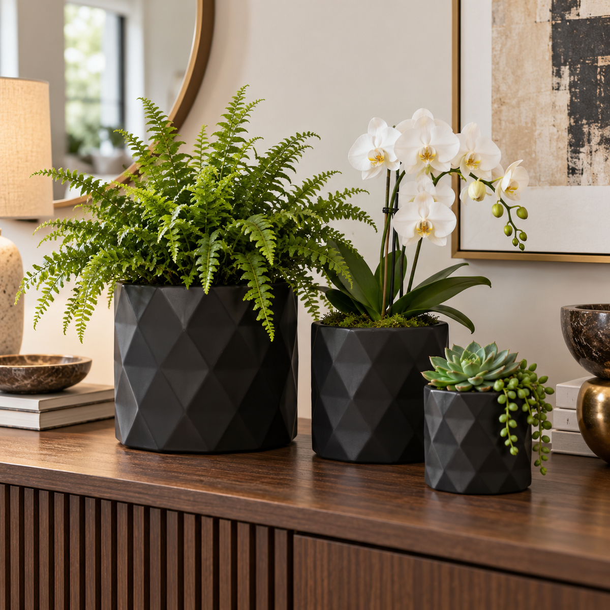 Dagen Diamond Embossed Ceramic Pot Set (Set of 3)