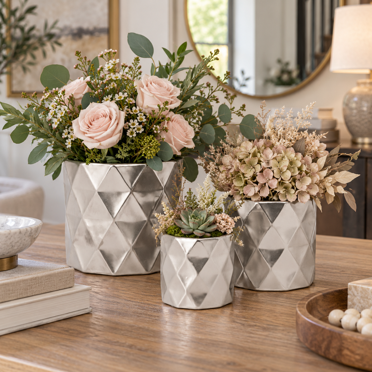 Dagen Diamond Embossed Ceramic Pot Set (Set of 3)