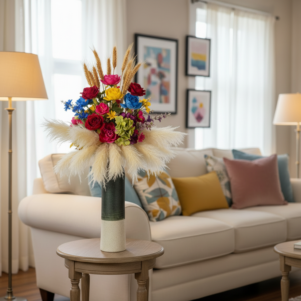 Colorful flower arrangement with pampas grass in a vase on a white background