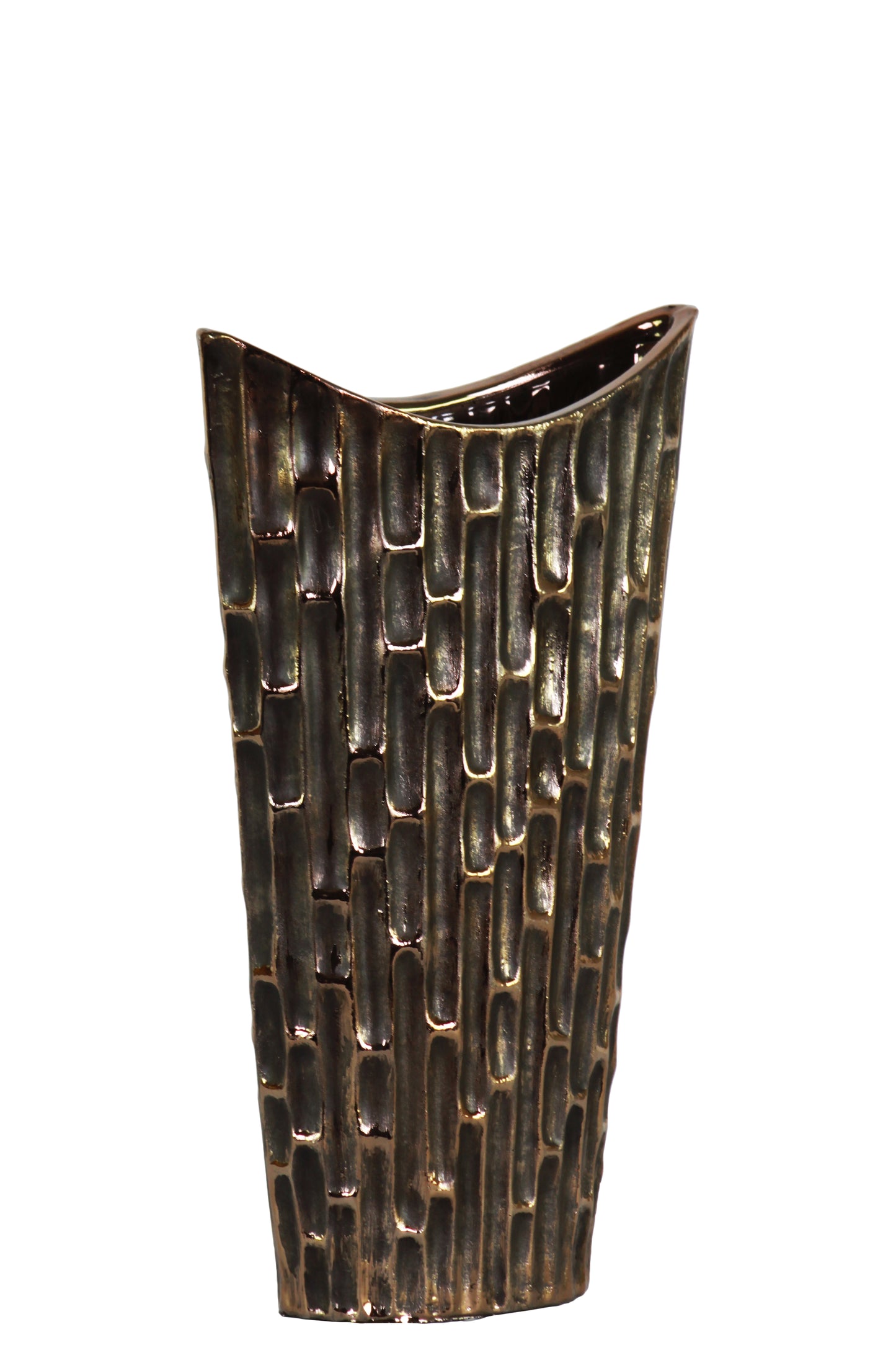 A ceramic oval vase with a geometric embossed rectangular design body and a tapered bottom, displayed in a distressed finish black color.