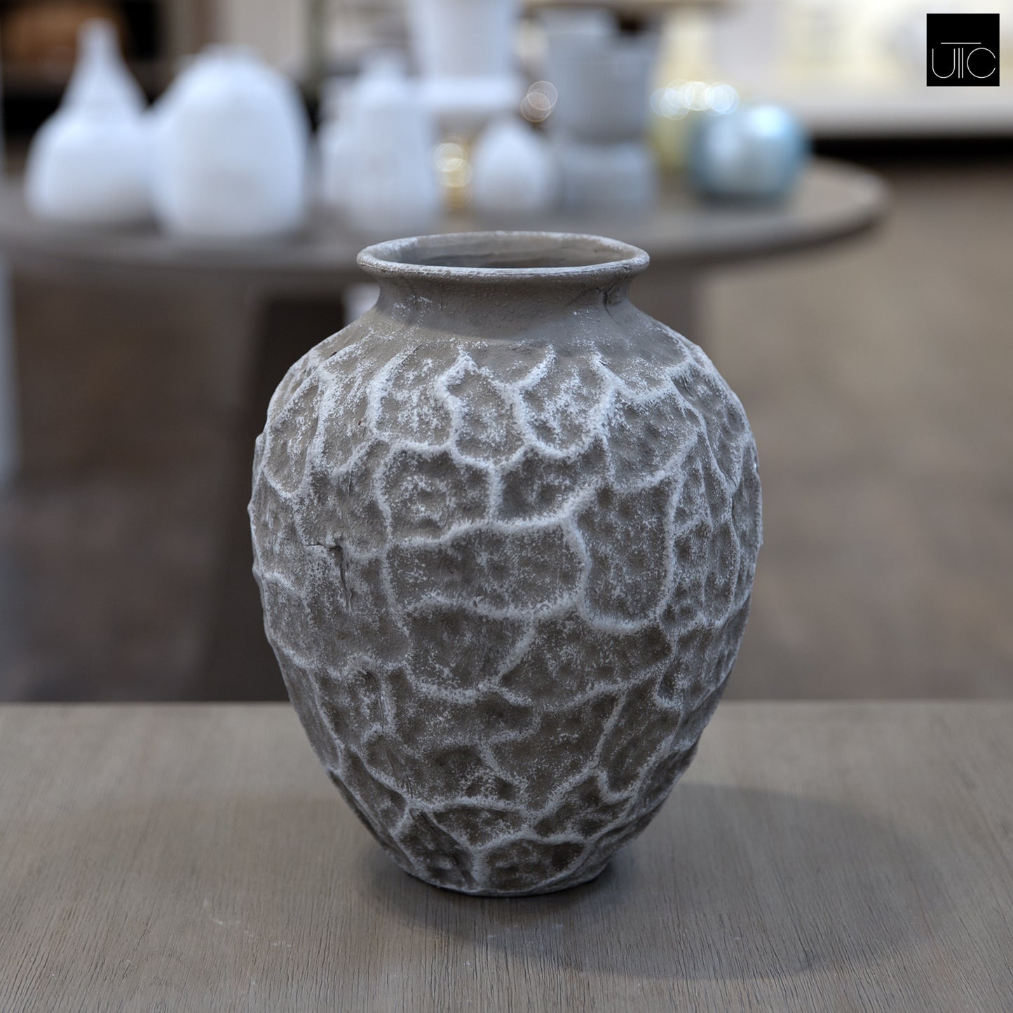 Yeva Ovoid Cement Vase with Diamond-Lattice Texture