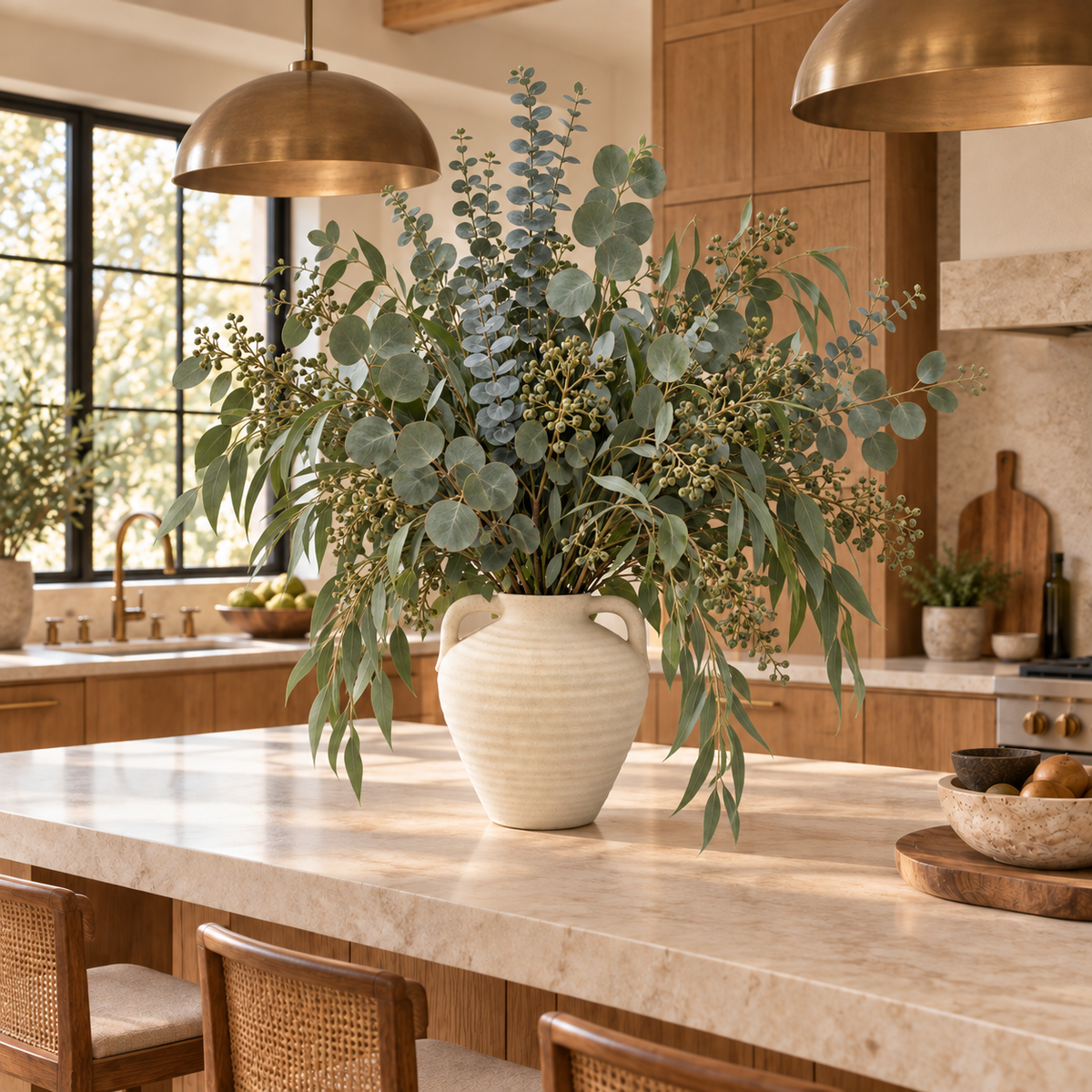A large white ribbed ceramic vase filled with eucalyptus and greenery, placed on a light stone kitchen island in a warm, modern kitchen with wood cabinets and brass pendant lights.