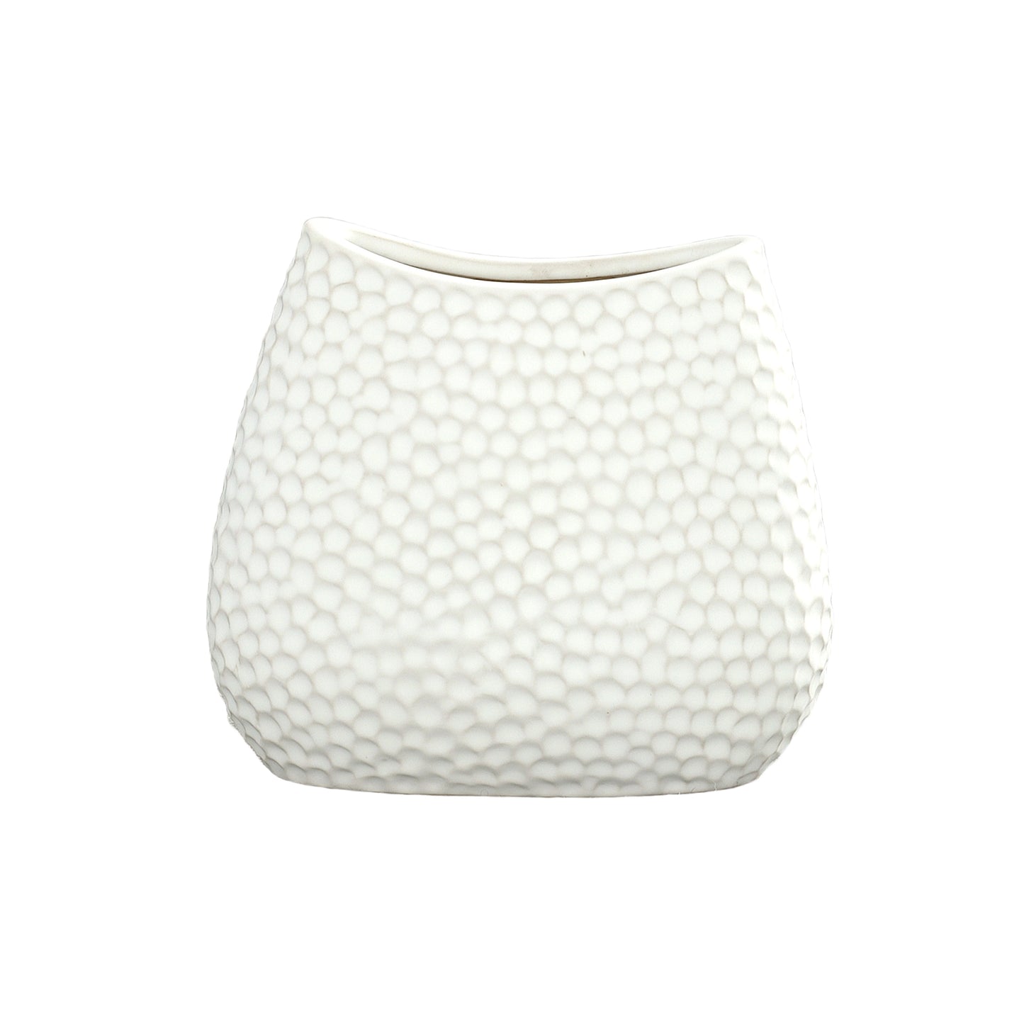 Mika Ceramic Oval Vase with Bent Lip and Pressed Hexagon Design