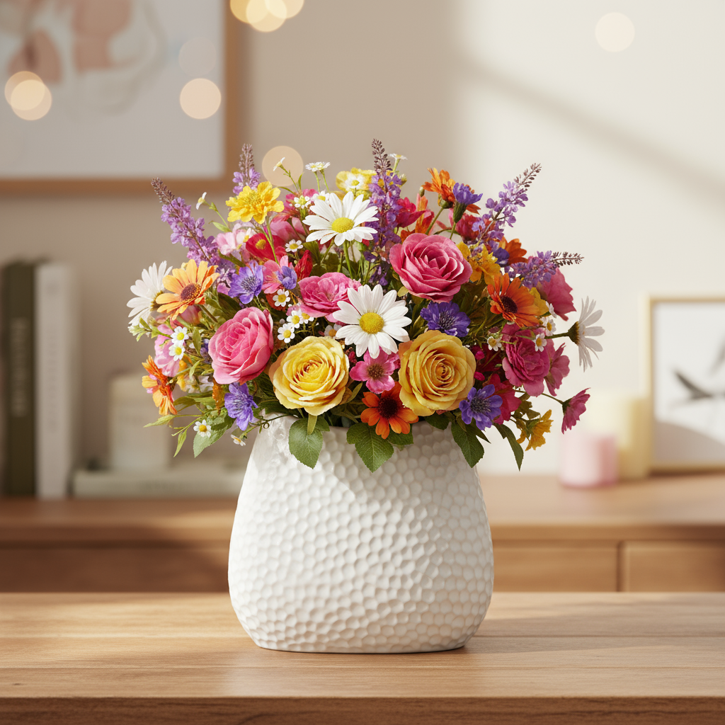 Mika Ceramic Oval Vase with Bent Lip and Pressed Hexagon Design