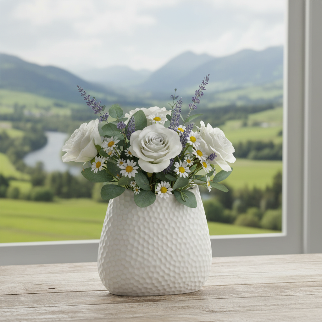 Mika Ceramic Oval Vase with Bent Lip and Pressed Hexagon Design
