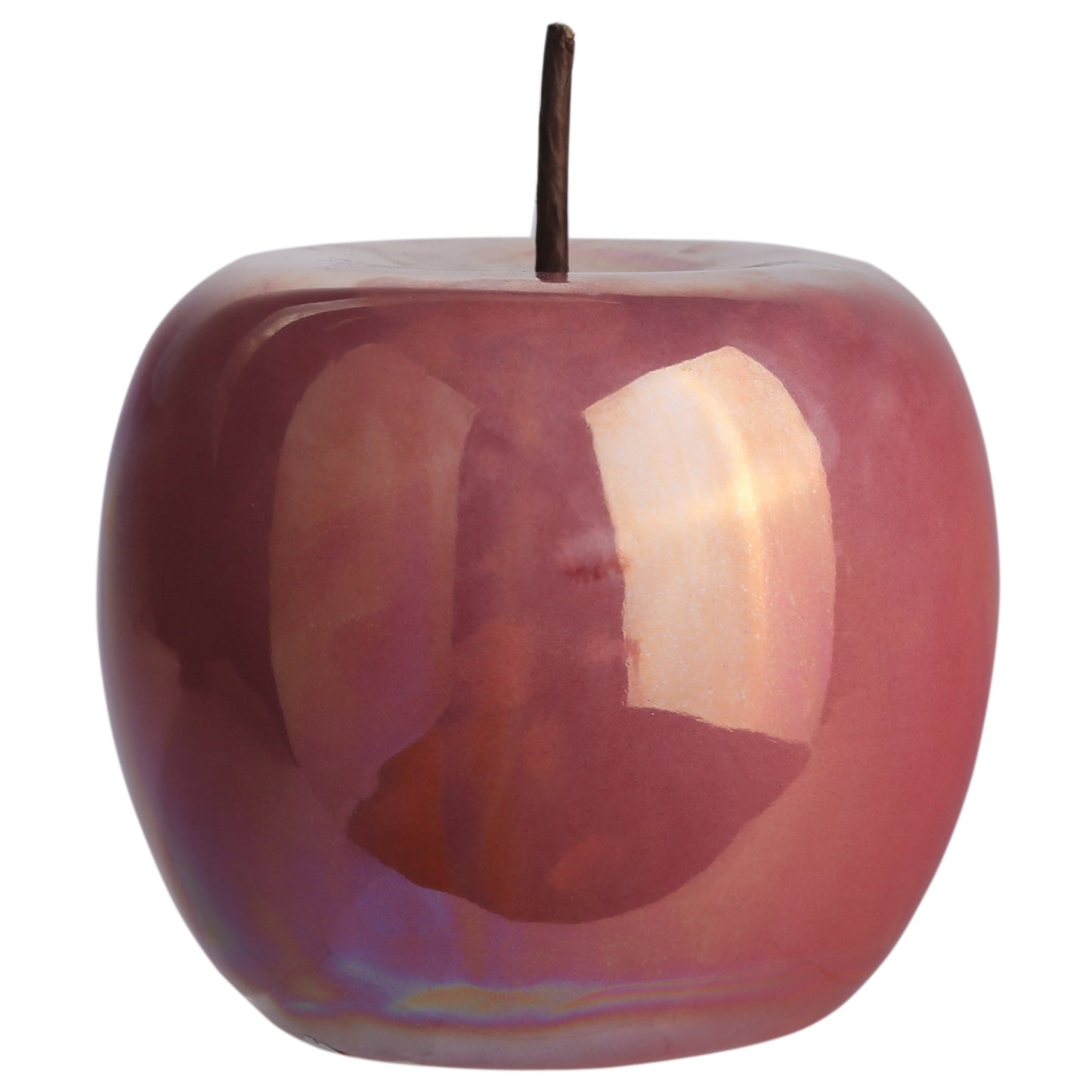 Iridescent apple-shaped object on a white background