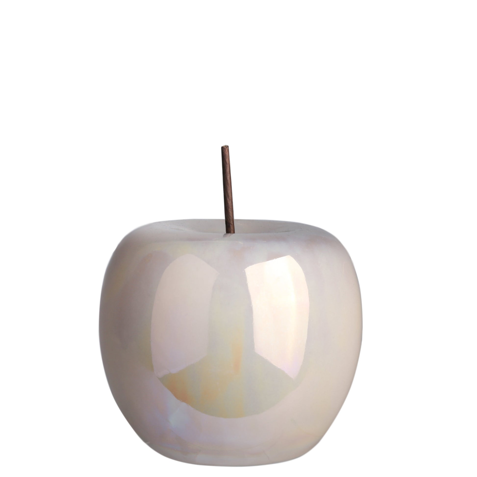 A polished pearlescent finish ceramic apple figurine with a stem.