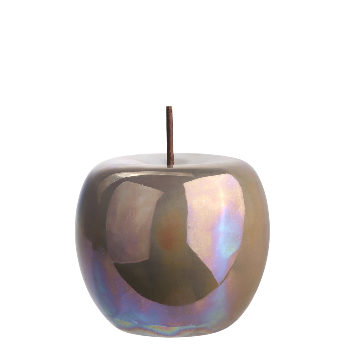A polished pearlescent finish ceramic apple figurine with a stem.