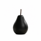 A matte black pear-shaped decorative vase with a brown stem, centered on a solid white background.