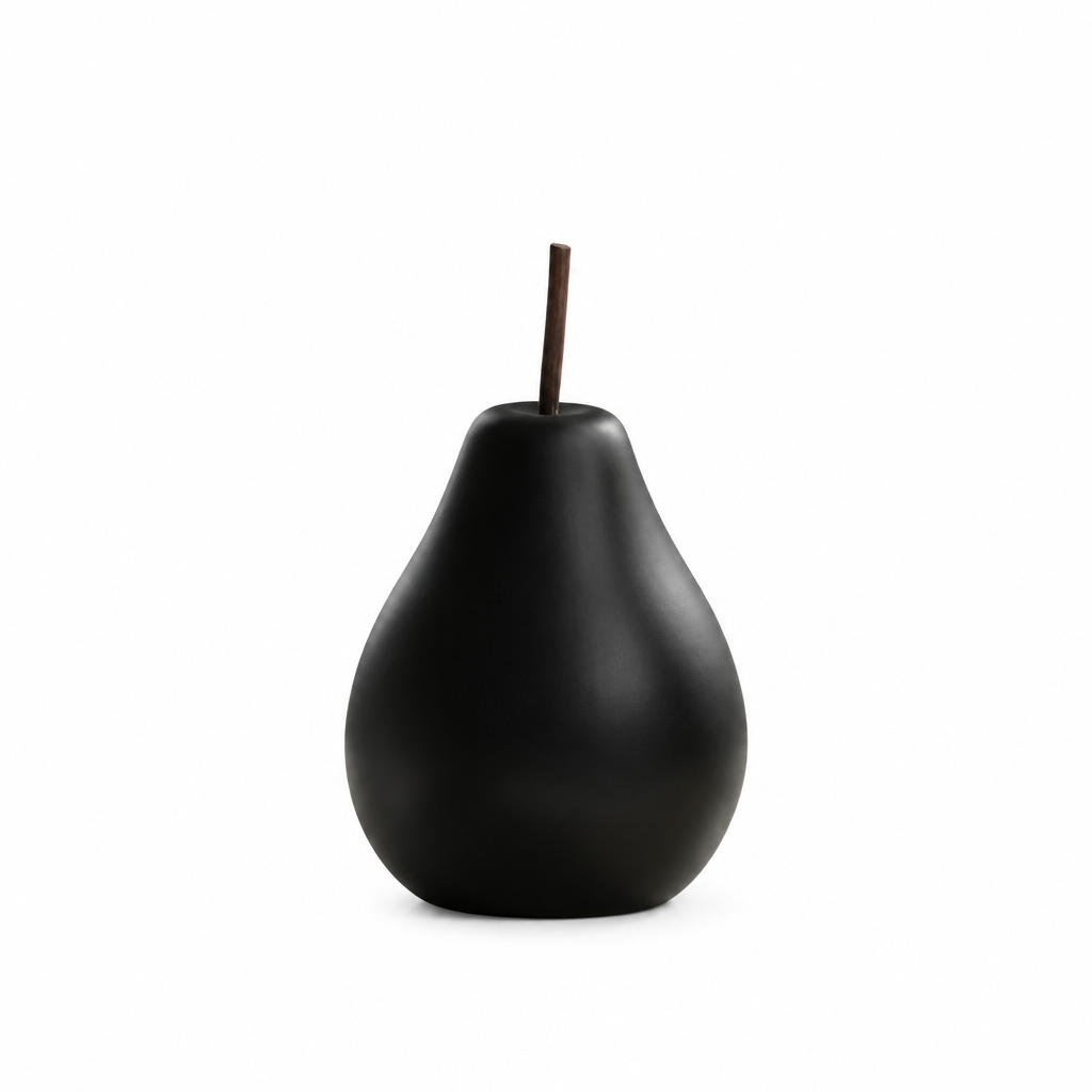 A matte black pear-shaped decorative vase with a brown stem, centered on a solid white background.