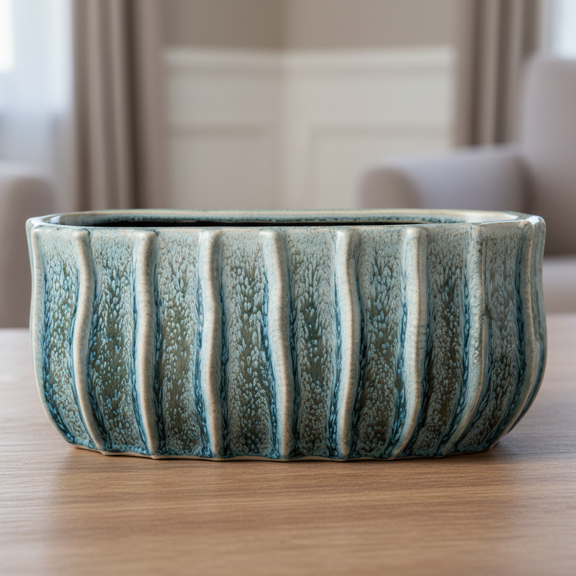 Giorgia Ceramic Short Oval Vase with Embossed Vertical Line Pattern