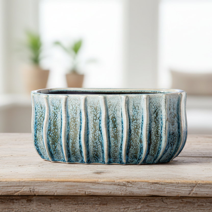 Giorgia Ceramic Short Oval Vase with Embossed Vertical Line Pattern