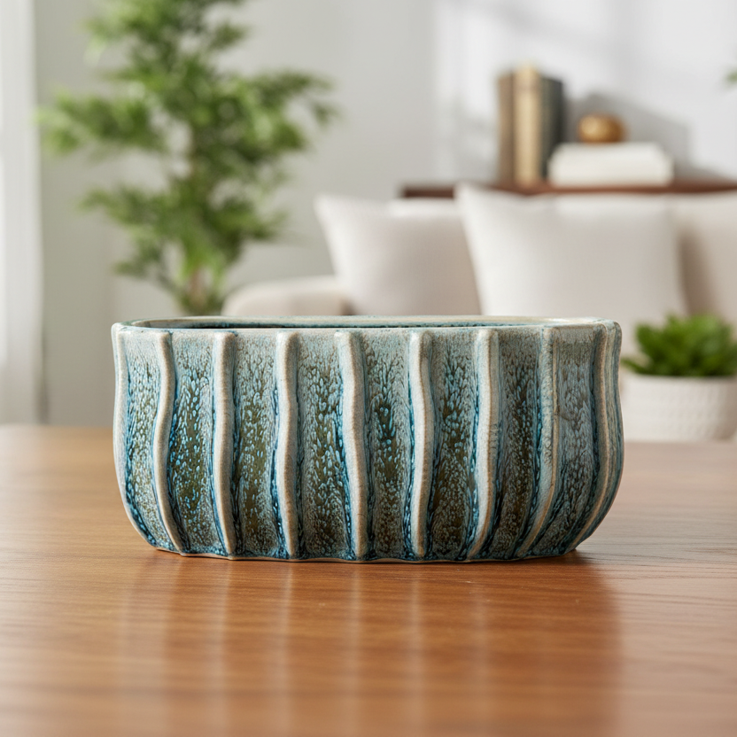 Giorgia Ceramic Short Oval Vase with Embossed Vertical Line Pattern