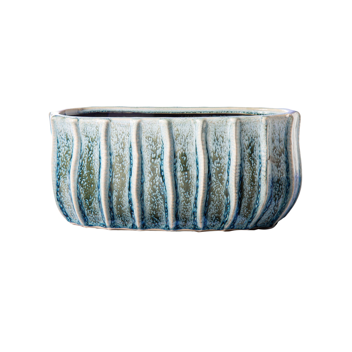 Giorgia Ceramic Short Oval Vase with Embossed Vertical Line Pattern