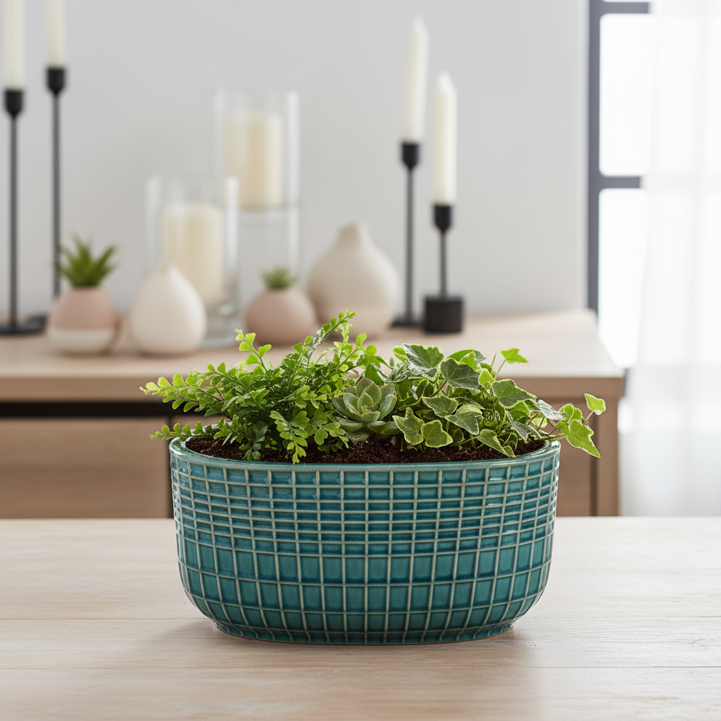 Jewel Ceramic Low Oval Pot with Embossed Lattice Design