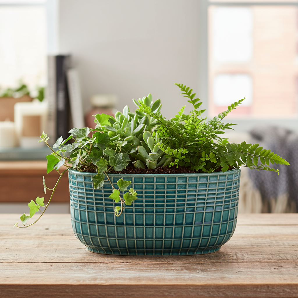 Jewel Ceramic Low Oval Pot with Embossed Lattice Design