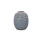 A blue ceramic vase with a glossy finish and a ribbed texture, displayed against a white background.