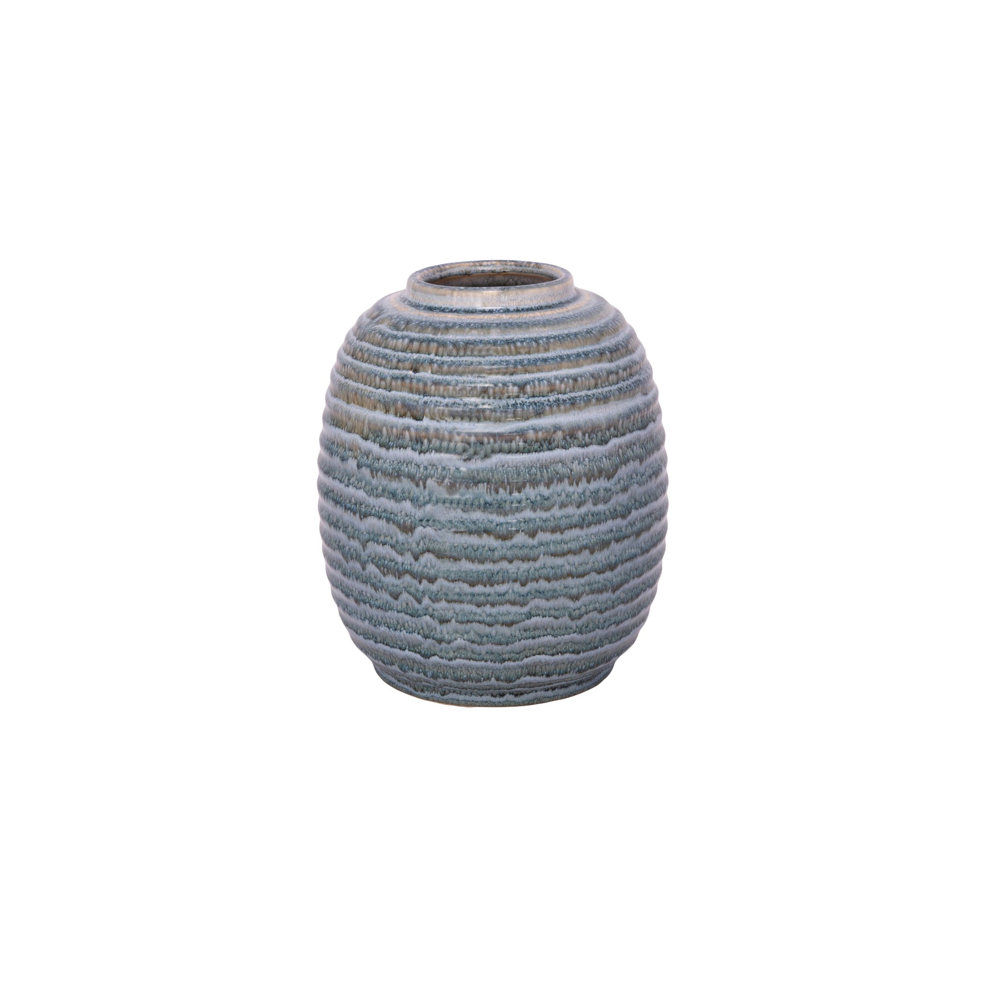A blue ceramic vase with a glossy finish and a ribbed texture, displayed against a white background.