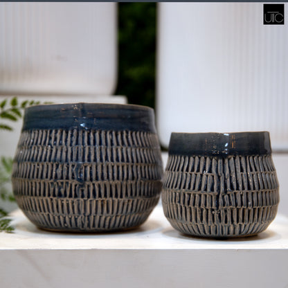 Ceramic Short Bellied Round Vase Set of Two Gloss Finish Blue